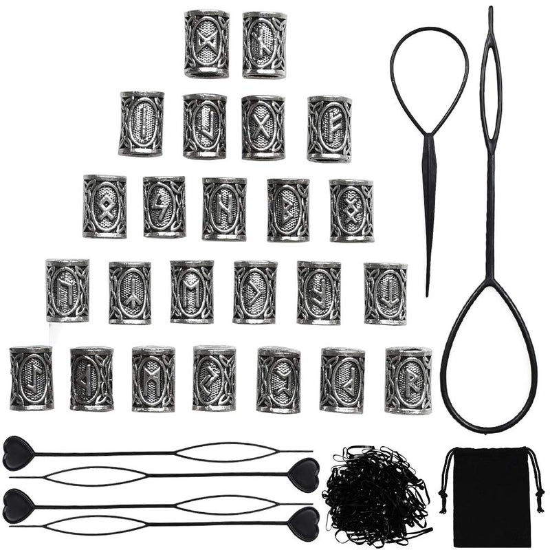 Jolbndcv 24 PCS Viking Hair Beads Beard Hair Beard Beads 6 PCS Pull Hair Pin Quick Beader 100 PCS Black Rubber Bands and a Bag - Image 1